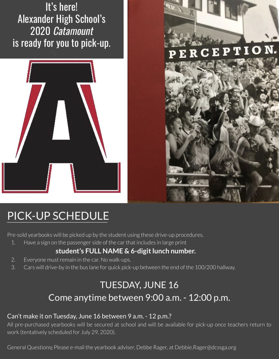 AHSCatamountYBK's tweet photo. Drive-by yearbook pick-up will be TUESDAY, June 16 between 9am - 12 noon. See attached picture for details. https://t.co/AxZoGdWlgr