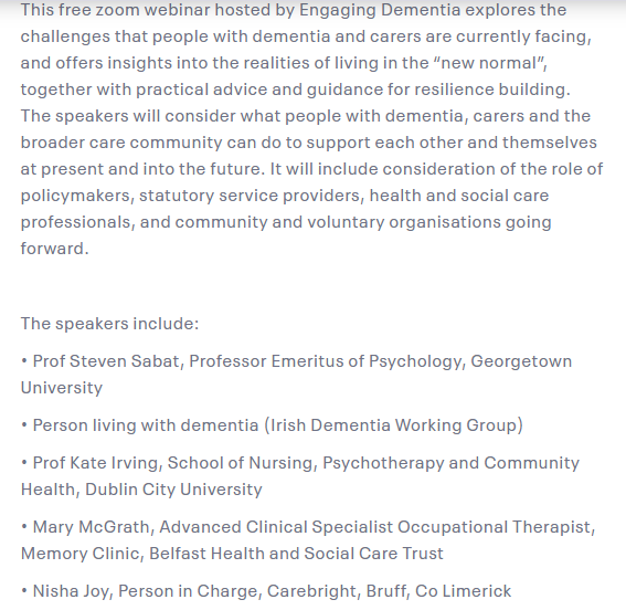 Free webinar: Resilience building for people with dementia and carers: Addressing the challenges of the “new normal”  hosted by <a href="/EngagingDemIrl/">Engaging Dementia</a> 16th June 3-4.45pm. Great line up of speakers! To register: bit.ly/2YoZ5gD