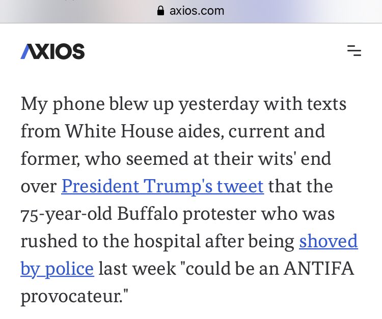 84/ Swan is reporting that current/former WH aides texted him about Trump’s tweet on the 75 year old in Buffalo. Swan has sources so even if this story is true it says/adds nothing to the conversation (not even on a tabloid level) but for Swan to affirm that he has sources.