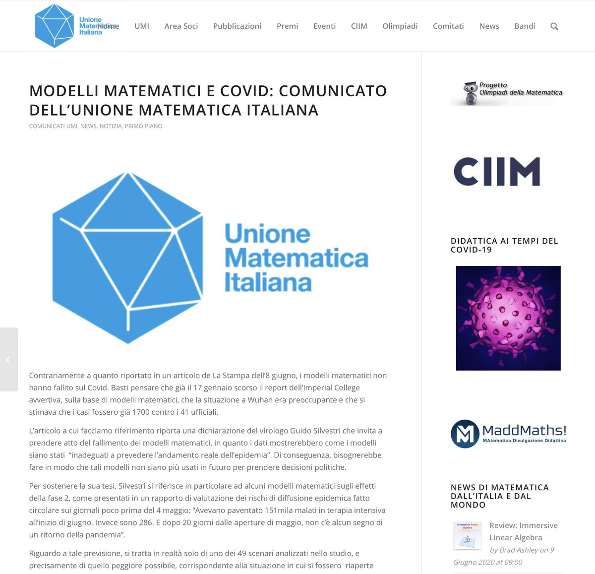 alexvespi's tweet image. Modelli matematici e COVID: Comunicato dell’unione matematica Italiana

 umi.dm.unibo.it/2020/06/10/com…