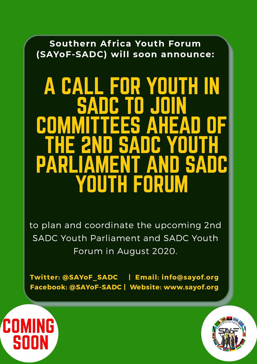 #SADCYOUTH ANNOUNCEMENT:

Young people in SADC, @SAYoF_SADC will soon announce A CALL FOR COMMITTEE MEMBERS to plan and coordinate the upcoming 2nd SADC Youth Parliament &amp;SADC Youth Forum to be held in August 2020. Watch this space! #SADCYOUTH <a href="/PetriderPaul/">Petrider Paul</a> <a href="/SylvaArmel/">Armel sylva 🇰🇲</a> <a href="/faryus88/">Farhan Yusuf</a>