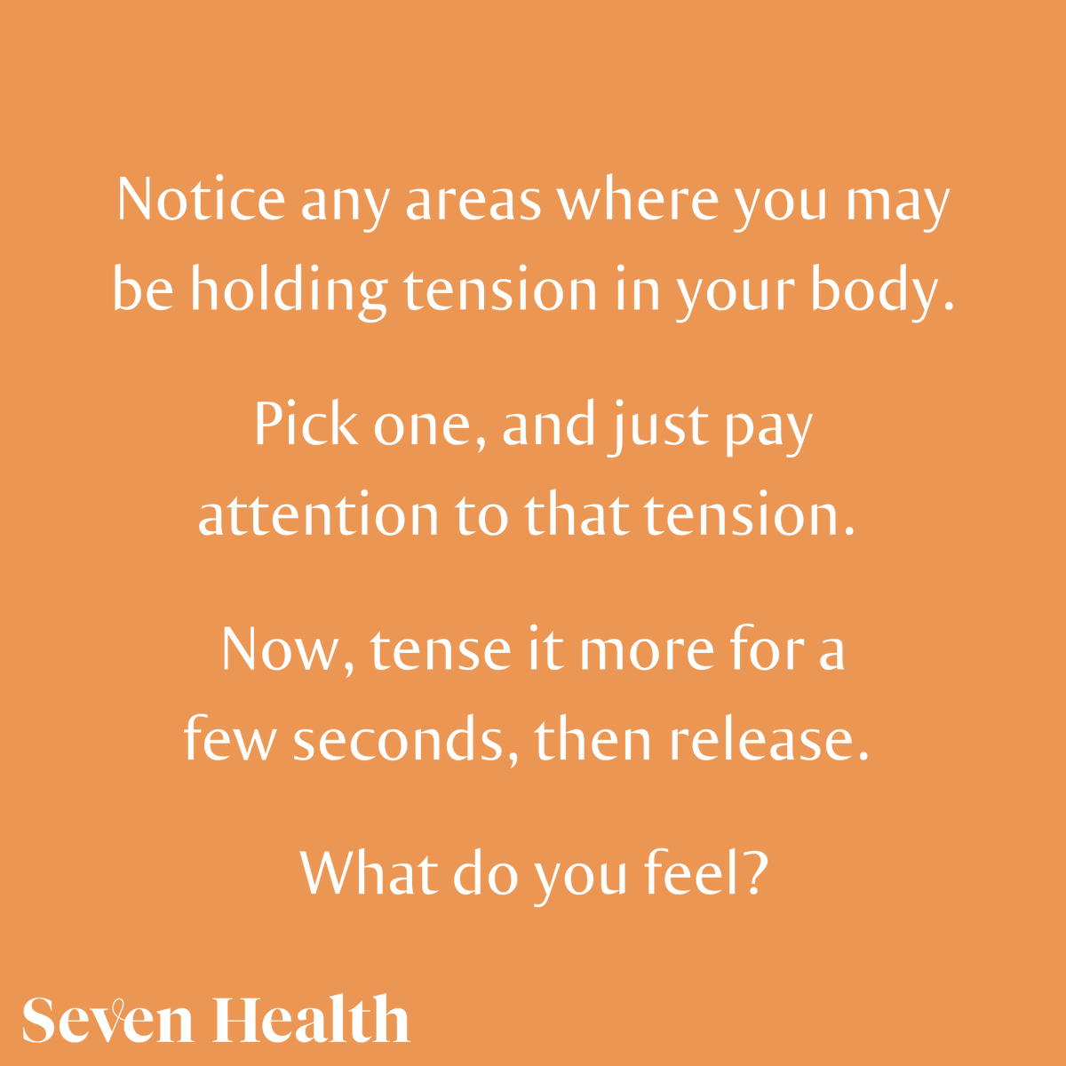 7Health's tweet image. Notice any areas where you may be holding tension in your body.

Pick one, and just pay attention to that tension. Maybe it’s in your neck. Maybe it’s in your shoulders.

Now, tense that body part for a few seconds, then release.

What do you feel?

#mentalhealth #selfcare