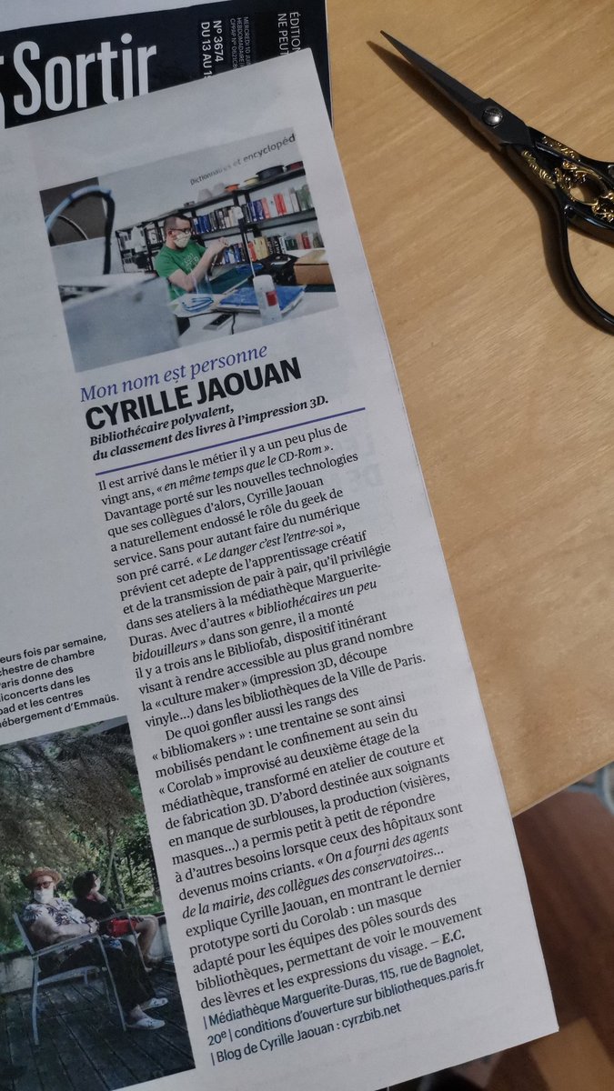 CyrZbib's tweet photo. Maman c'est l'occasion d'acheter @Telerama &amp; @TeleramaSortir ! Petit article très sympa: du @Bibliofab au #Corolab @DurasBib #bibliomaker #bibliotheCare @BibParis #bib2paris #paris20 #bibliothèque #fablab #mynameisnobody https://t.co/bgSxDvO16E