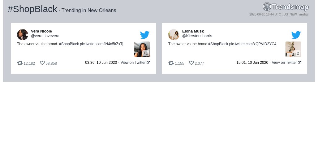 TrendsNOLA's tweet photo. #shopblack is now trending in #NewOrleans

https://t.co/AYraPuCMF4 https://t.co/FhQN36Bf9L
