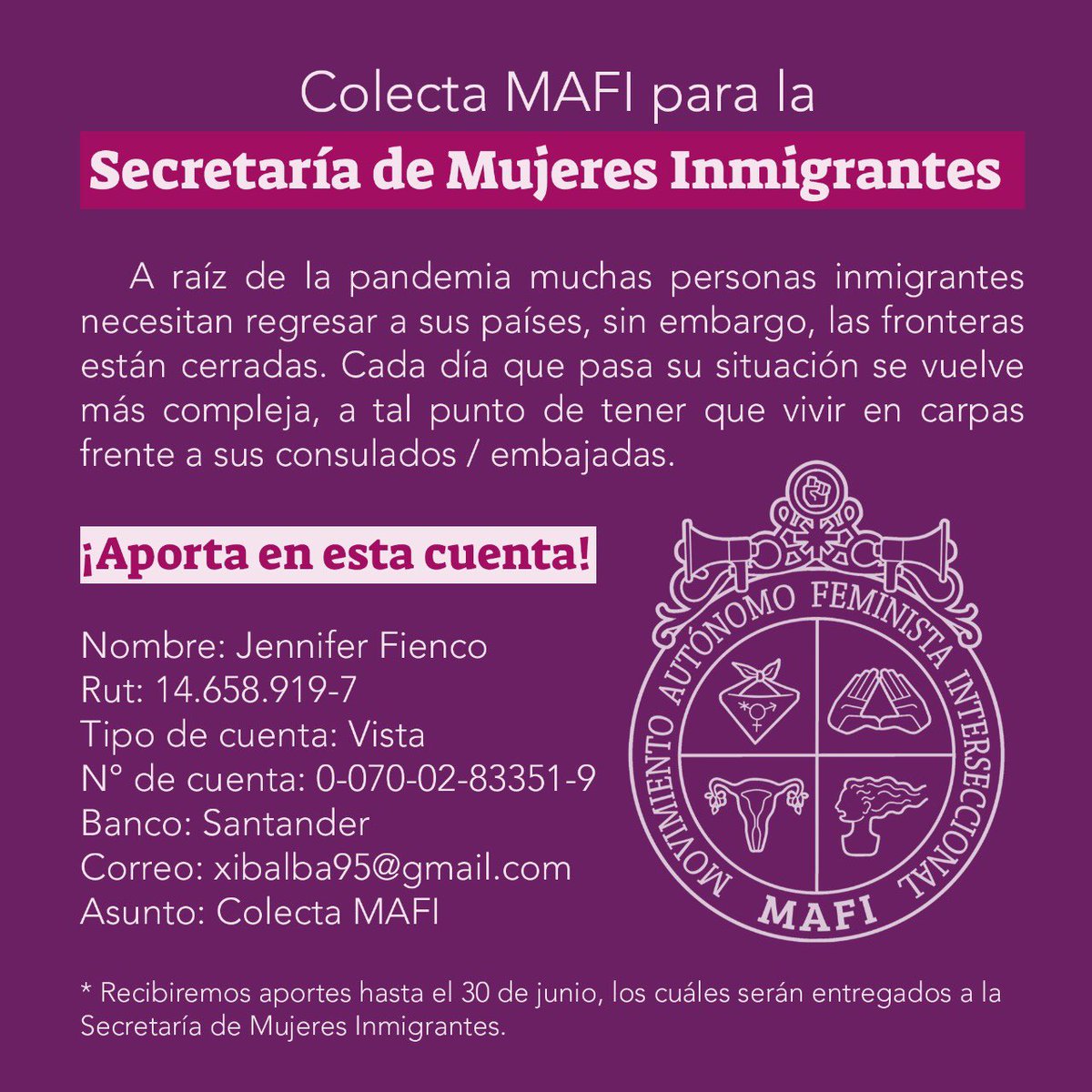 ucmafi's tweet photo. Como MAFI no estamos ajenas al duro momento que viven miles de personas dado el COVID-19, por eso estamos haciendo una colecta para ayudar a inmigrantes que no pueden regresar a sus países. Cualquier donación será bien recibida en la cuenta que aparece en la imagen. RT https://t.co/aJ4NfzmpS0
