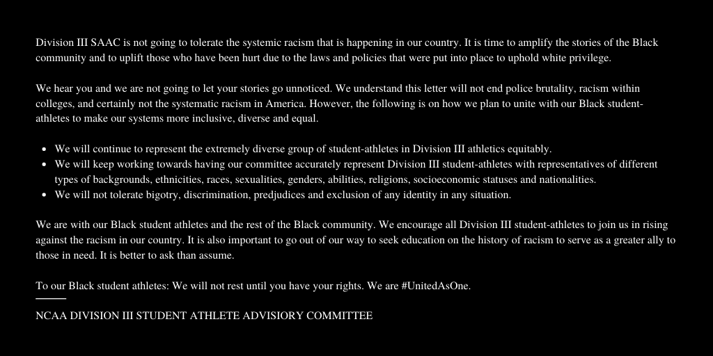 We understand that one tweet will not be enough, but we know it’s a start. 

Reach out to your SAAC reps. We are still here to support you and to amplify your voices. We want to know what you have to say. #UnitedAsOne #WhyD3