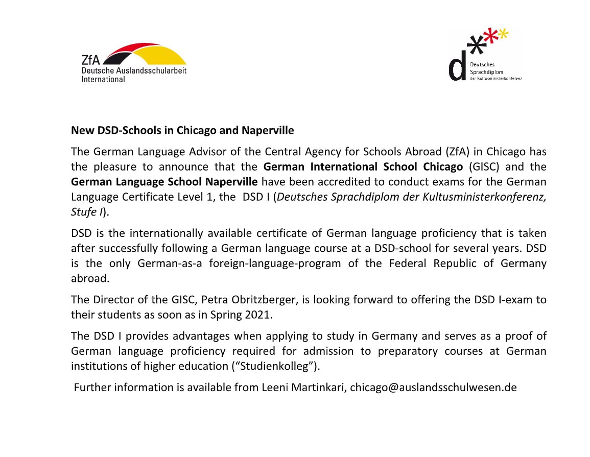 German International School Chicago On Twitter We Re Excited To Announce That We Re Now An Official Dsd School We Have Been Accredited To Offer The Certificate Dsd I Deutsches Sprachdiplom Der Kultusministerkonferenz Stufe