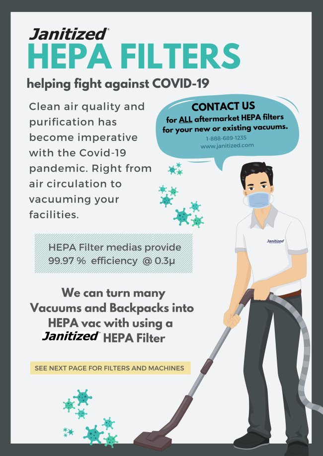 Janitized's tweet image. Janitized HEPA filters can fight COVID-19! Click on the link below to see the various types of HEPA Filters that go with vacuums and backpacks.
ow.ly/YjTd50A4doM

#covid19 #HEPAfilter #airquality #cleanair