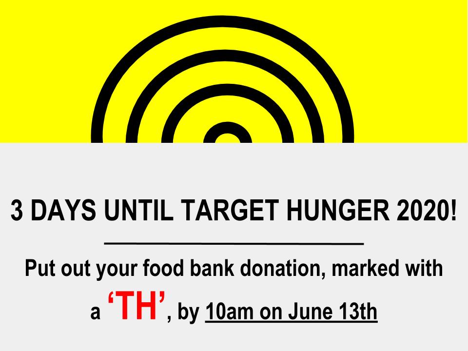 3 DAYS UNTIL TARGET HUNGER 2020!
Remember to help out the community by placing your donations out this Saturday! Help spread the word!

* There is still 1 ROUTE available on the Northside *

<a href="/IFBLethbridge/">Interfaith Food Bank</a> <a href="/lethfoodbank/">Lethbridge Food Bank</a> <a href="/lethnewsnow/">Lethbridge News Now</a> <a href="/Leth_Herald/">Lethbridge Herald</a> <a href="/VolunteerLeth/">Volunteer Lethbridge</a> <a href="/LethbridgeCity/">City of Lethbridge</a>