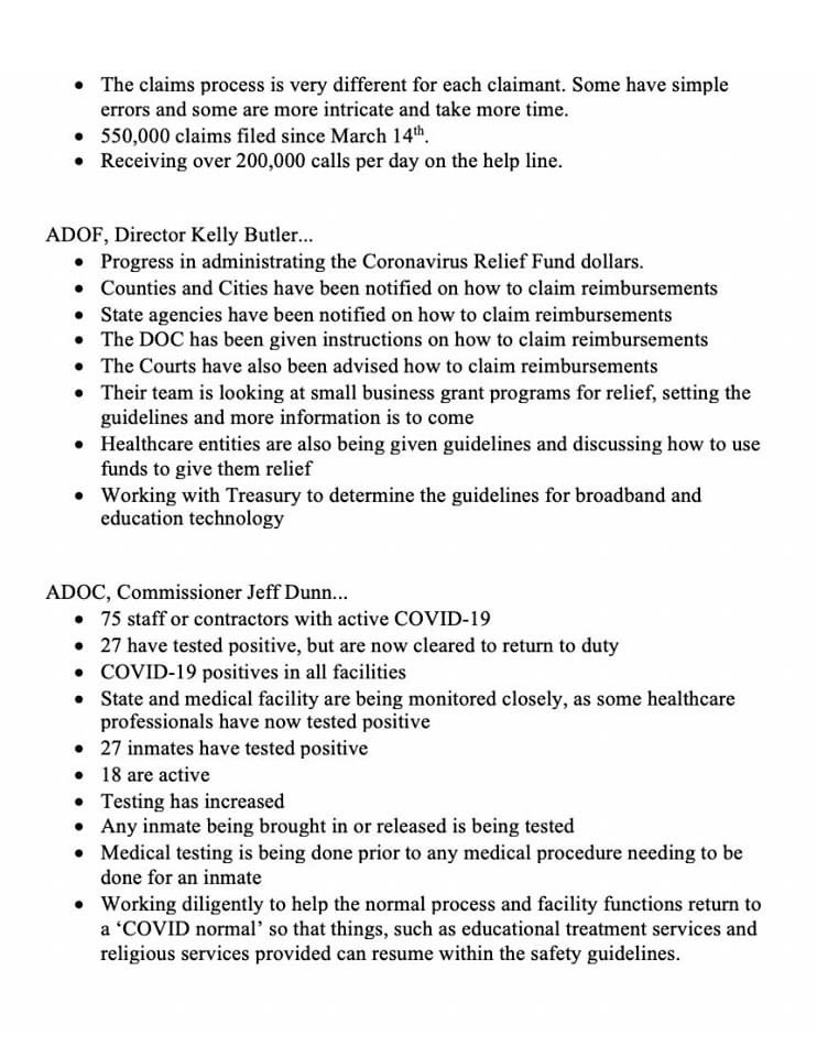 As shared by several legislators, this morning Gov. Ivey hosted a legislative conf call w/state dept leaders to give a brief update on matters re: COVID-19. Below are updates from each dept. I have noted in red box the update from the State Department of Education regarding K-12.