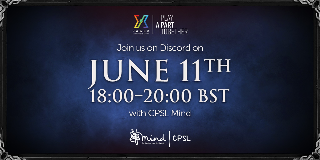Jagex's tweet image. Tomorrow, we will be hosting a Discord AMA with our charity partners @CPSLMind - that support hundreds each week on their road to recovery from a wide range of mental health challenges.

🗓️ Thursday June 11th, 18:00 to 20:00 BST
🔗 Discord.gg/RS

#PlayApartTogether