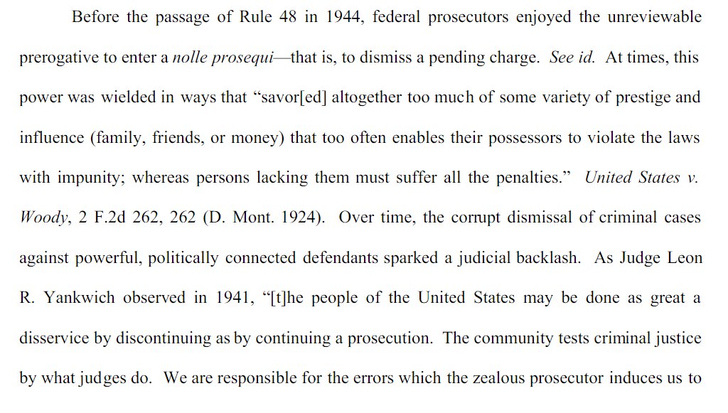 Notes that Rule 48 was adopted in response to prosecutors dismissing charges against Swamp creatures to let them escape. Which is why prosecutors now require "leave of the court" to withdraw a case...