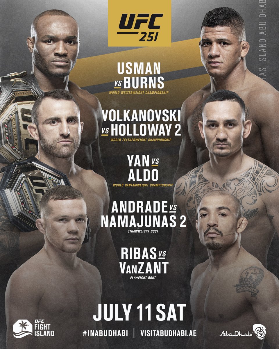 Three title fights π #InAbuDhabi @VisitAbuDhabi
π @USMAN84kg vs @GilbertDurinho
π @AlexVolkanovski vs @BlessedMMA
π @PetrYanUFC vs @JoseAldoJunior https://t.co/pESUziCOJp