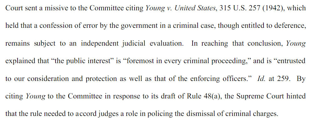 Notes that Rule 48 was adopted in response to prosecutors dismissing charges against Swamp creatures to let them escape. Which is why prosecutors now require "leave of the court" to withdraw a case...