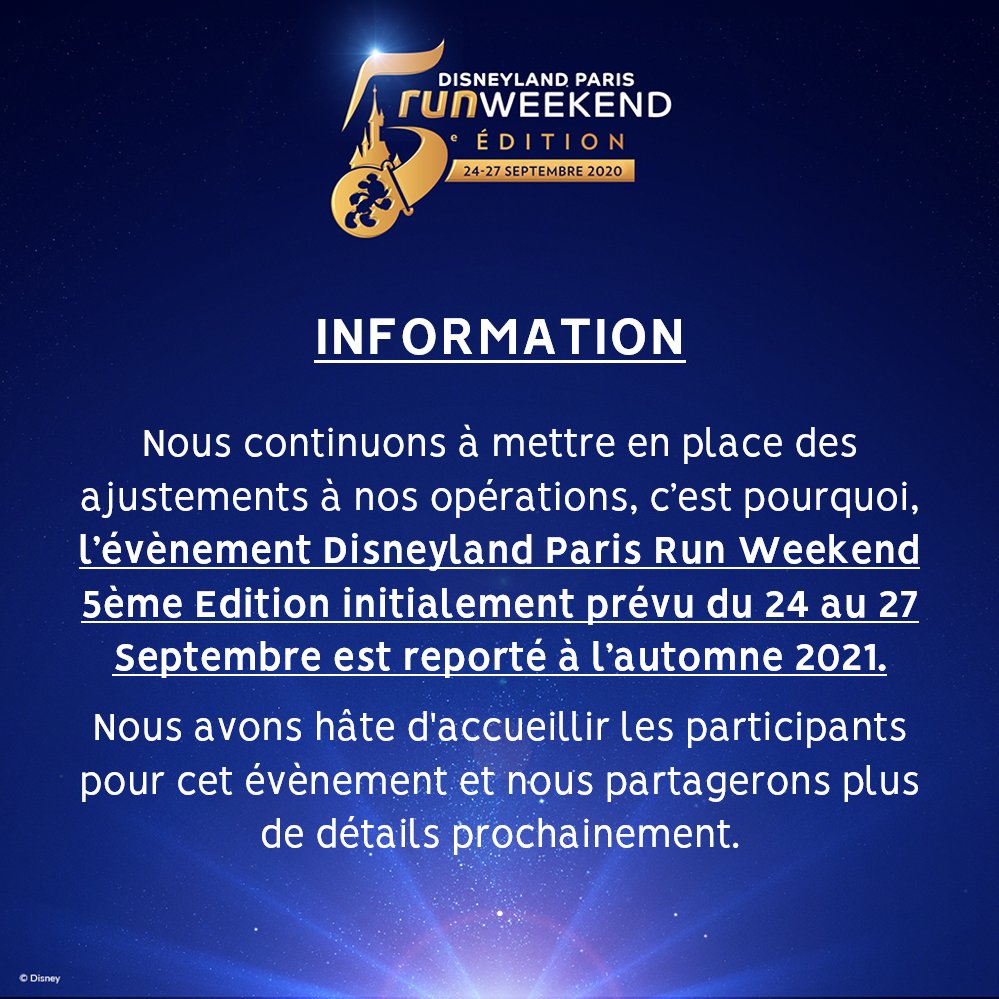 OutsidEarsDLP's tweet photo. Après le premier @runDisney #princessrun c'est au tour du #runweekend d'être annulé. Les courses sont reportés à l'automne 2021 https://t.co/MdGXJSBlil
