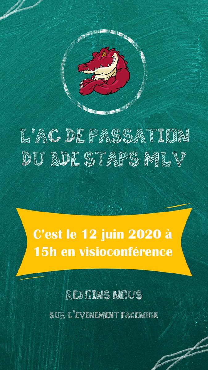 bde_staps_uge's tweet photo. {#AGdePassationMlv 🐊 - J-2}

Dans 2 jours, une page se tourne pour le @bde_staps_mlv ! 

Au programme : 

📈Bilan de l'année 2019-2020

📜Présentation de la future liste 

Rejoignez-nous : 

📆 Vendredi 12 Juin
⏰ 15h 
📍Visioconférence 

RDV ici 📲 : https://t.co/Ff1lQKrbds https://t.co/fEKf88dgaw