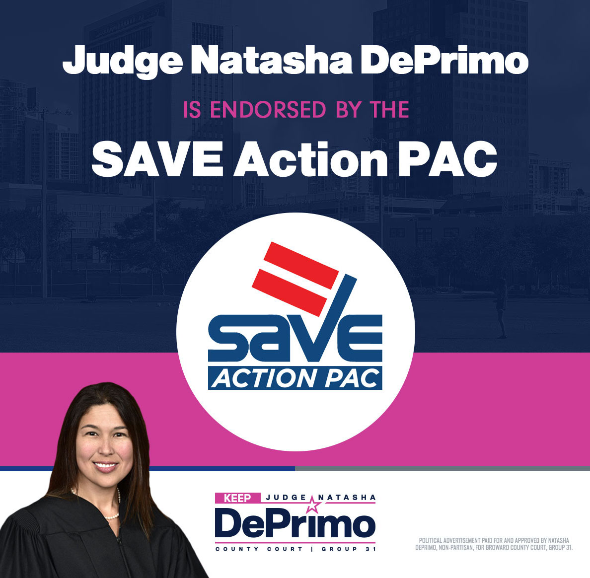 JudgeDePrimo's tweet photo. The Committee to Keep Judge DePrimo is proud to announce that @SAVELGBT has endorsed Judge DePrimo for Broward County Court Judge!

Judge DePrimo is honored to have their support. https://t.co/01VtuLIZN7