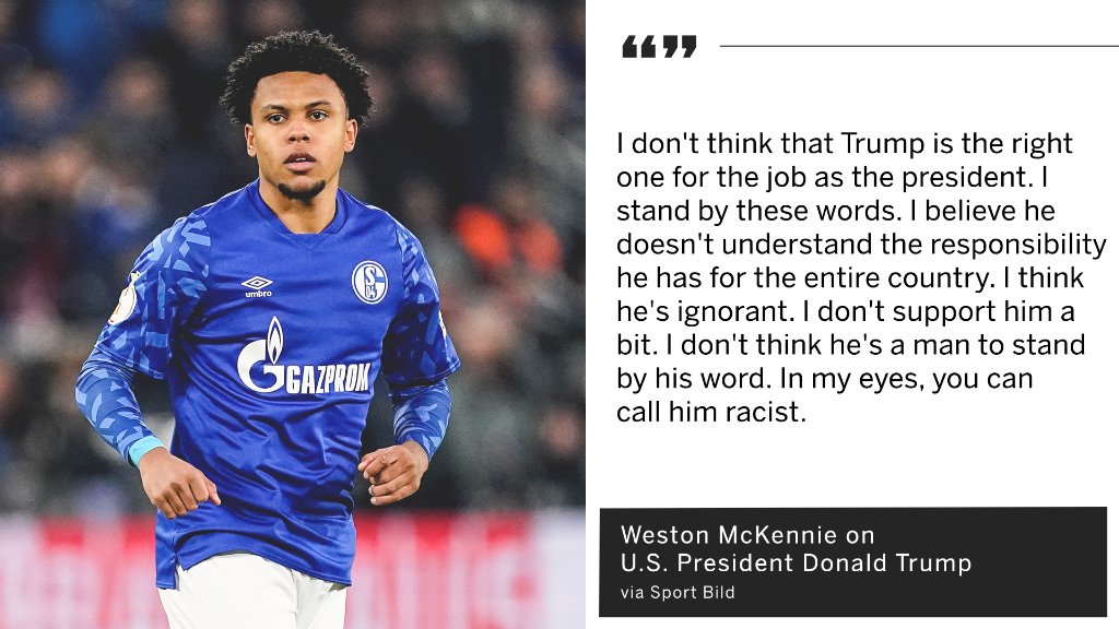 espn's tweet photo. USMNT midfielder Weston McKennie shared his thoughts on President Donald Trump. https://t.co/d6N1AtAHbU https://t.co/iabqFoa81a