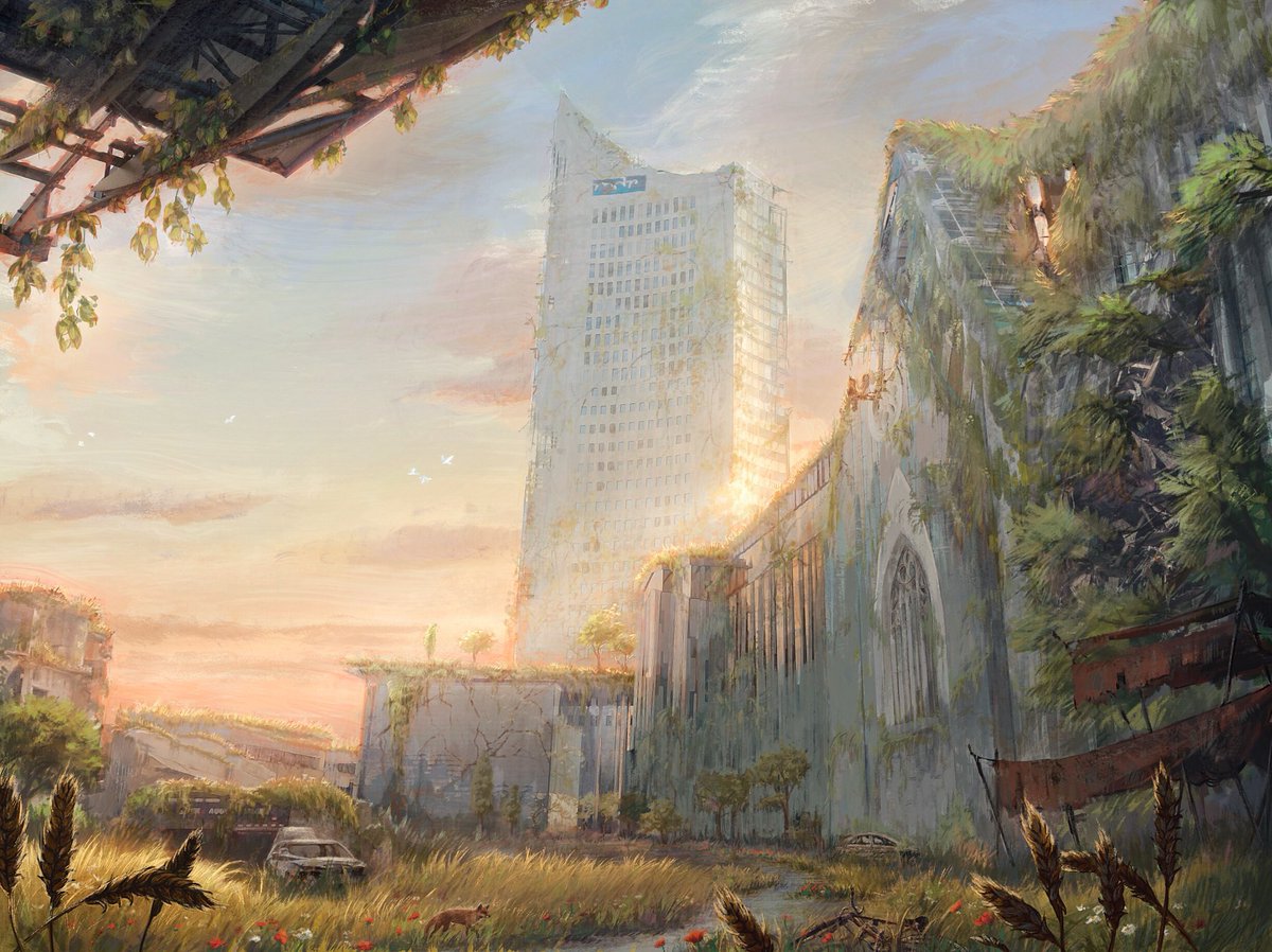 SarahBuchholz's tweet photo. I painted my city in a post-apocalyptic scenario!🌾I'm aware that the topic of ruins provoke a variety of reactions,but I enjoy seeing cities being taken over by nature.Hope you get lost in it🍃(The city is called „Leipzig“ in eastern Germany:) #procreate #leipzig #illustration https://t.co/u8fnFUGI6i