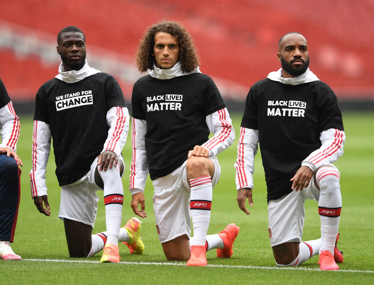 Earlier today at Emirates Stadium, our squad and staff wore Black Lives Matter shirts, before the players and Mikel Arteta took the knee on the pitch ahead of kick-off.