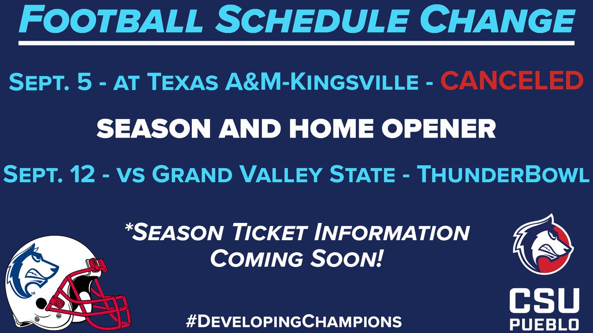 🚨SCHEDULE CHANGE 🚨
The ThunderWolves and Texas A&amp;M-Kingsville have agreed to cancel their football game on Sept. 5 due to the change in maximum contests allowed for 2020. The Pack’s new season opener is also the home opener, Sept. 12 vs GVSU! 

MORE - bit.ly/2XOKYCe