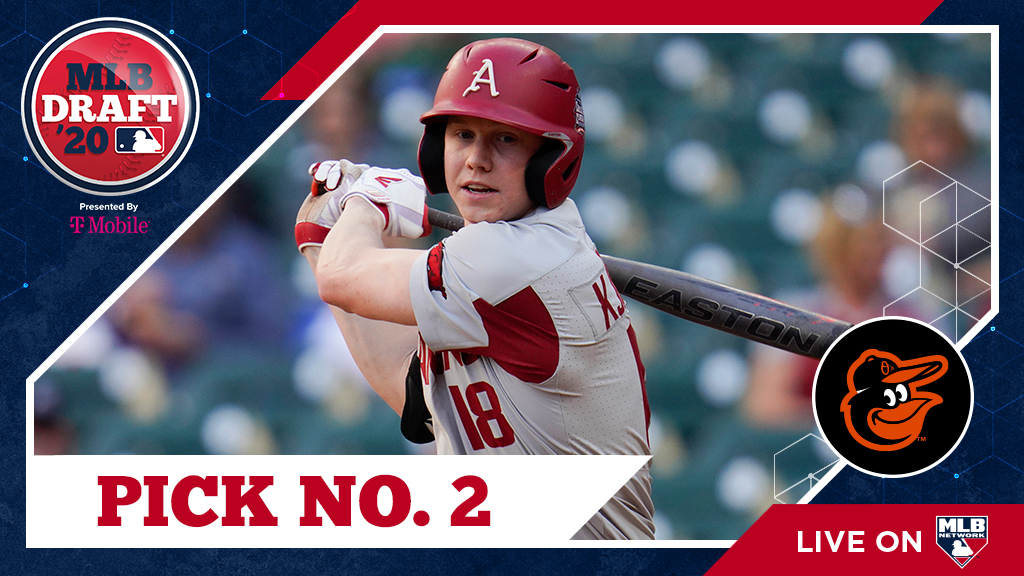 With the 2nd overall pick of the 2020 #MLBDraft, the #Orioles select <a href="/RazorbackBSB/">Arkansas Baseball</a> OF Heston Kjerstad, No. 10 on our Top 200 Draft Prospects list: atmlb.com/2BKR8uE

Watch live: atmlb.com/2BE9EF5