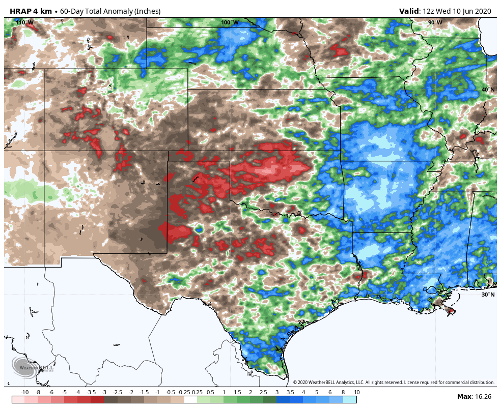 BrianBledsoe's tweet photo. Map shows precip anomaly in inches for the past 60 days. 1) Localized, and worse yet, regional #drought expansion is occurring for Western/Southern Plains 2) Mountain locations of Southern #cowx / Northern #nmwx are getting ripe for big fires. Regional agencies, beware...#LaNina https://t.co/ry8kKsefn0