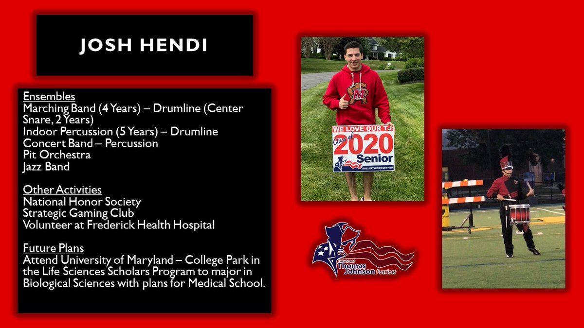 GTJHSBand's tweet photo. 2020 SENIOR SPOTLIGHT 

Congratulations Josh! Thank you for helping grow the drumline over the past 5 years! 

#2020SeniorSpotlight #TJBand #PatriotNation #WeAreVPA #FCPSClassOf2020🎓 https://t.co/H6iZP6I9VS