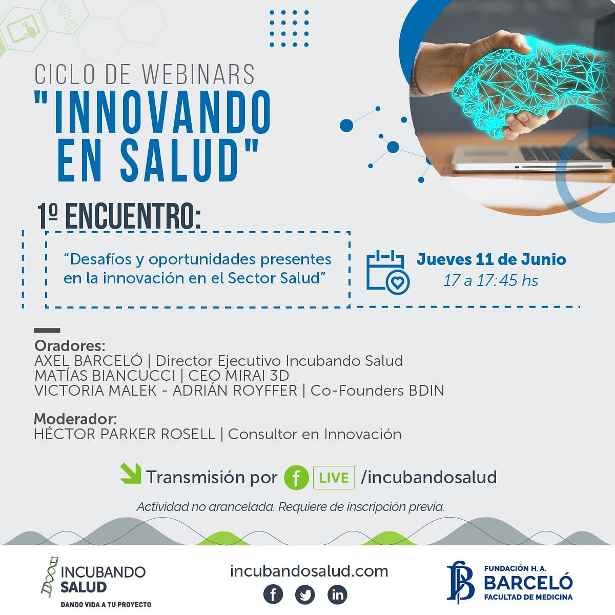 Webinar "𝘋𝘦𝘴𝘢𝘧í𝘰𝘴 𝘺 𝘰𝘱𝘰𝘳𝘵𝘶𝘯𝘪𝘥𝘢𝘥𝘦𝘴 𝘦𝘯 𝘭𝘢 𝘐𝘯𝘯𝘰𝘷𝘢𝘤𝘪ó𝘯 𝘦𝘯 𝘚𝘢𝘭𝘶𝘥" junto a emprendedores de Salud de nuestro país. 4 encuentros denominados "𝘐𝘯𝘯𝘰𝘷𝘢𝘯𝘥𝘰 𝘦𝘯 𝘚𝘢𝘭𝘶𝘥" de <a href="/Incubandosalud/">Incubando Salud</a>
Actividad no arancelada, lnkd.in/dithczR