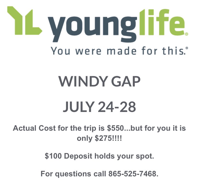 🚨WINDY GAP BABAY🚨

Thats right. We are going this summer!! July 24-28. Price is only $275. 

Click the link below 📱 👇🏾
and follow the “Windy Gap” tab to fill out the camper form. 

Any questions? Contact your leader. Lets goooo‼️🔥🔥🔥

linktr.ee/Powellyl