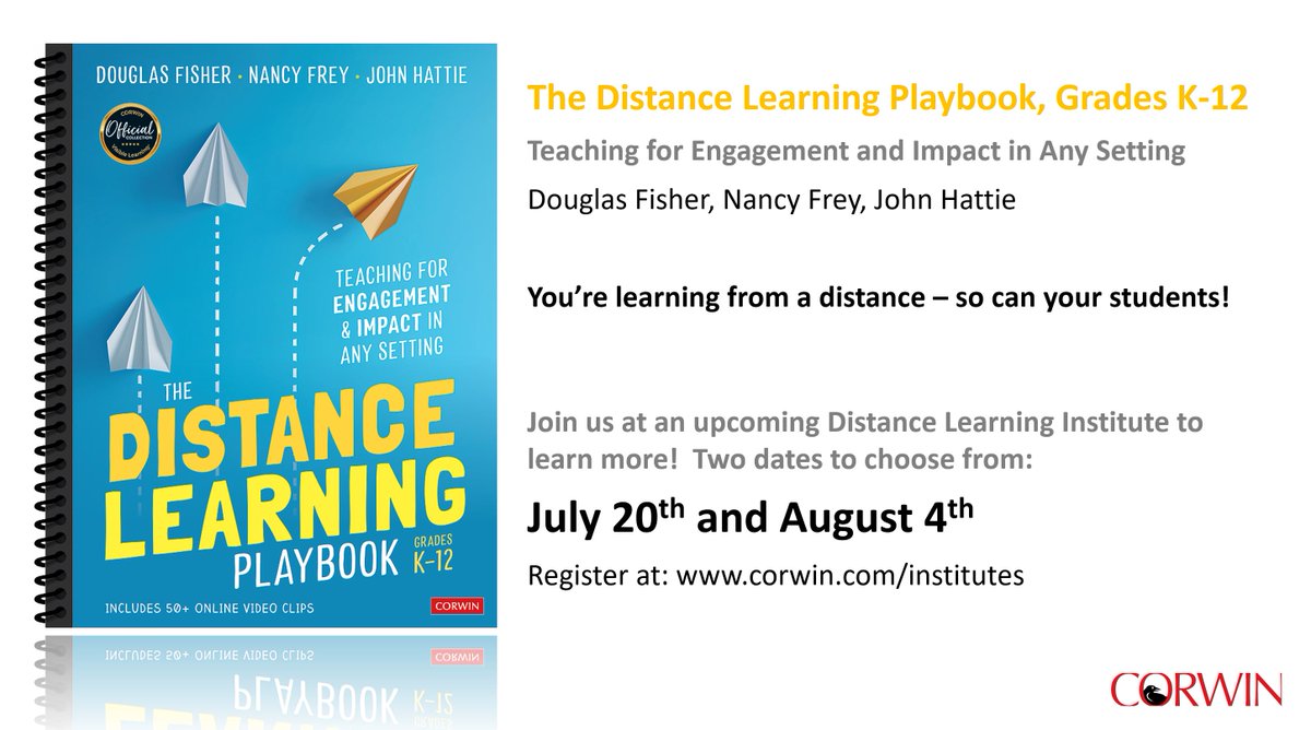 We've added 2 new Virtual Distance Learning Playbook Institutes to our summer schedule! Create meaningful learning experiences as we begin to reopen schools - whether in person, or remotely. Register: corwin.com/institutes @CorwinPress - get a free eBook with registration!