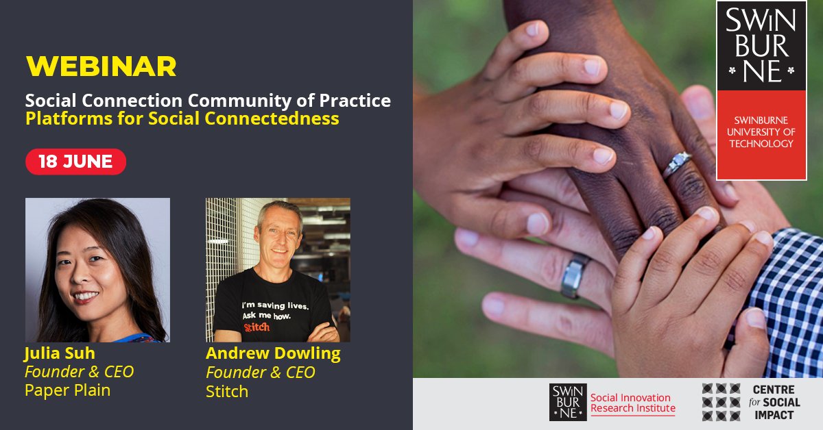 Centre for Social Impact (@csisocialimpact) on Twitter photo Following on from the success of the 'social connectednes’ #impact2020online webinar, CSI & the Social Innovation Research Institute invite you to a Social Connection Community of Practice webinar on 18/6. Register 👉 bit.ly/2TKF8iO <a href="/jane_c_farmer/">Jane Farmer</a> <a href="/JuliaSuh_/">Julia Suh</a> <a href="/Swinburne/">Swinburne University of Technology</a> Following on from the success of the 'social connectednes’ #impact2020online webinar, CSI & the Social Innovation Research Institute invite you to a Social Connection Community of Practice webinar on 18/6. Register 👉 bit.ly/2TKF8iO <a href="/jane_c_farmer/">Jane Farmer</a> <a href="/JuliaSuh_/">Julia Suh</a> <a href="/Swinburne/">Swinburne University of Technology</a>