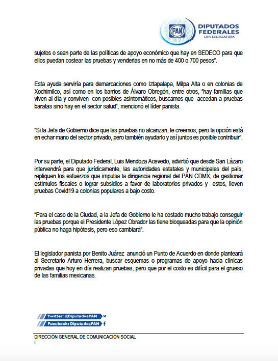diputadospan's tweet photo. El Diputado @LuisMendozaBJ anunció que intervendrá desde la @Mx_Diputados para que jurídicamente las autoridades estatales y municipales del país gestionen estímulos fiscales o subsidios a favor de laboratorios privados y lleven pruebas Covid19 a colonias populares a bajo costo. https://t.co/GlfrJKArb2