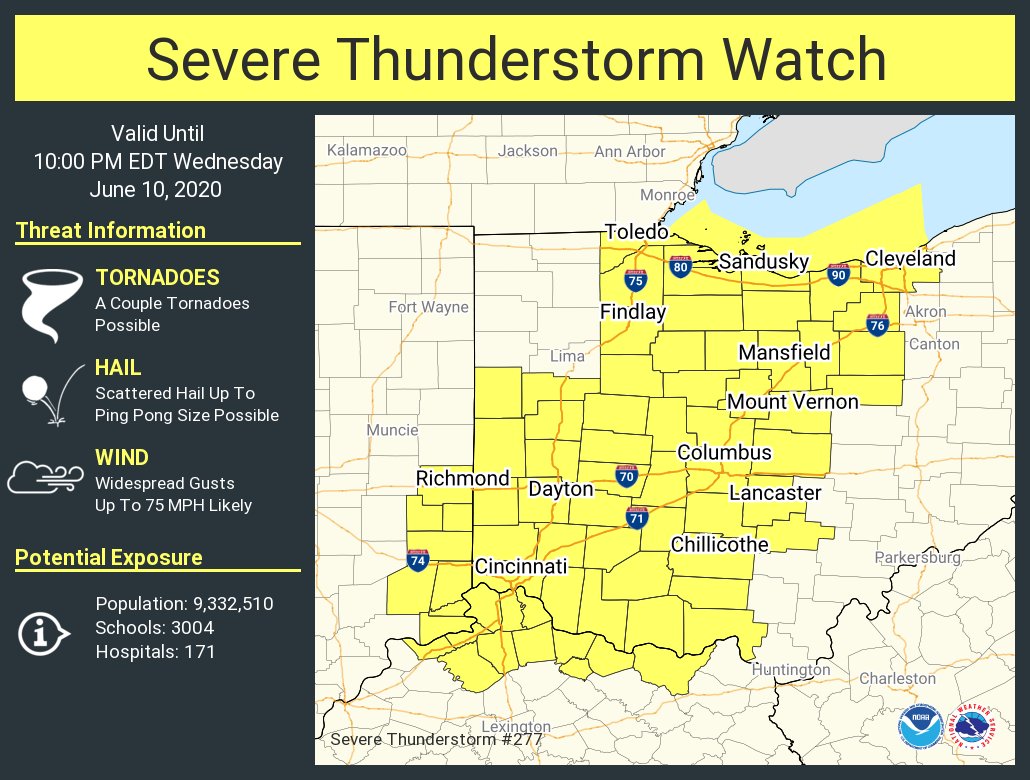 NWSCLE's tweet photo. A severe thunderstorm watch has been issued for parts of Indiana, Kentucky and Ohio until 10 PM EDT https://t.co/QrROJ8lF0M