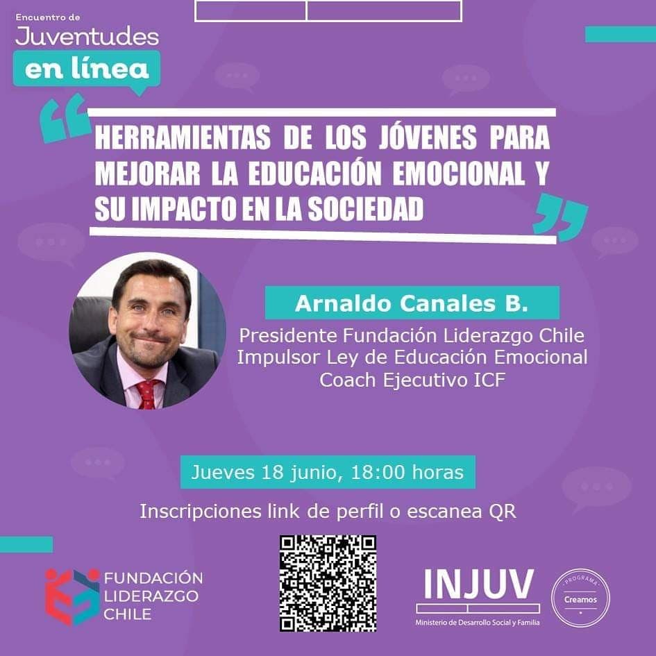 #EncuentroDeJuventudes 💬| Te invitamos a conversar con Arnaldo Canales, presidente <a href="/LiderazgoChile/">Fundación Liderazgo Chile</a> y uno de los expertos en Educación Emocional más importante del país 🇨🇱

Inscríbete en ▶️ cutt.ly/Sy37nDR o escaneando QR 📱

#Iquique #AltoHospicio #Tamarugal #Tarapacá