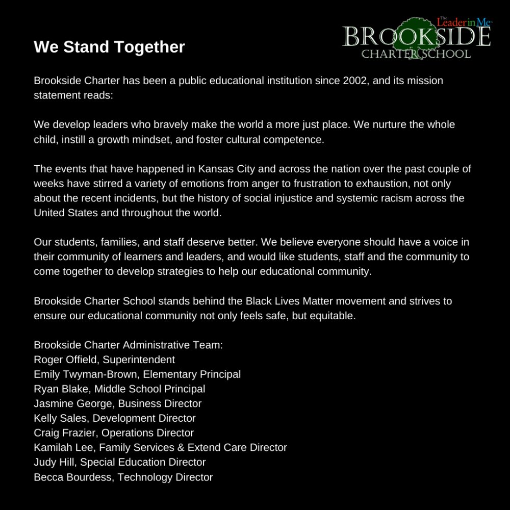 brooksidebears's tweet photo. We Stand Together #blacklivesmatter #brooksidecharterschool #brooksidecharter #wesupportourfamilies #weloveyou #oursupport
Brookside Charter Administrative Team:
Roger Offield, Superintendent
Emily Twyman-Brown, Elementary Principal
Ryan Blake, Middle School Principal
Ja https://t.co/hV9Zq1My7S