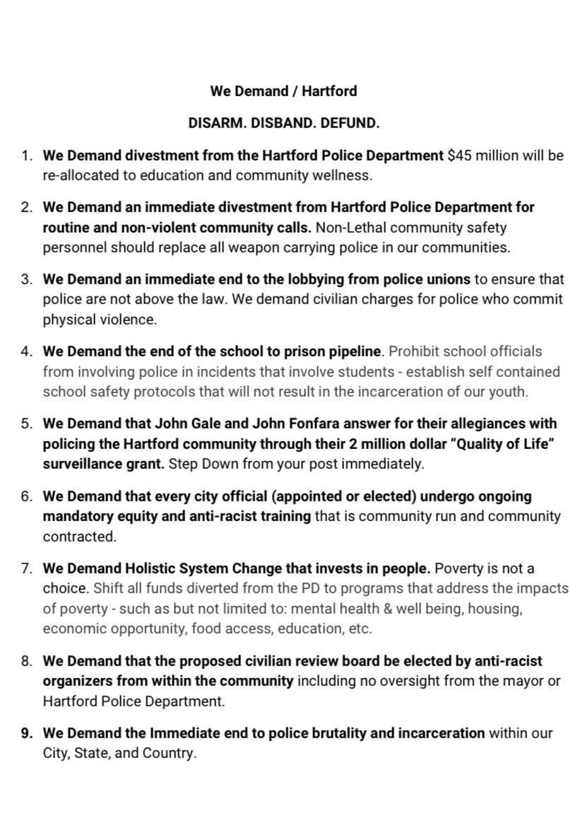 SnehaaJ's tweet photo. What Hartford community wants: @mayorbronin @senmccrory @RSGAT @WizBermudez @lebron4council @JohnQGaleLLC @TJ4City_Council @merossetti @SurgeonShirley #DefundHPD #DefundCTPD #CounselorsNotCops https://t.co/4FHKzUuJu6