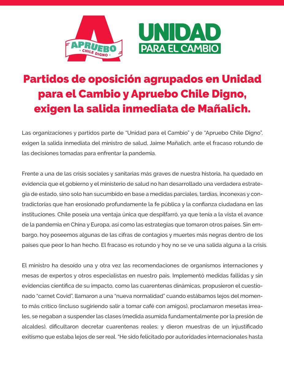 UnidadCL's tweet photo. 📄 [Unidad Para el Cambio y @AprueboChDigno exigen renuncia de Mañalich] 

“Ya que no se pueden seguir cometiendo errores exigimos la salida del ministro Mañalich, el reemplazo por un ministro o ministra confiable, que conozca la realidad que viven nuestros compatriotas”. https://t.co/v72pdAcB8M