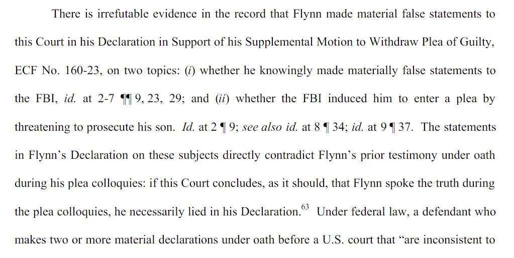 Gleeson, who has not seen the underlying evidence, is assuming that the DOJ filings by Van Grack are accurate & thus Flynn's 1/29/17 claim of being pressured to lie to the court, was perjury!This forces proving which was true & which was the lie!