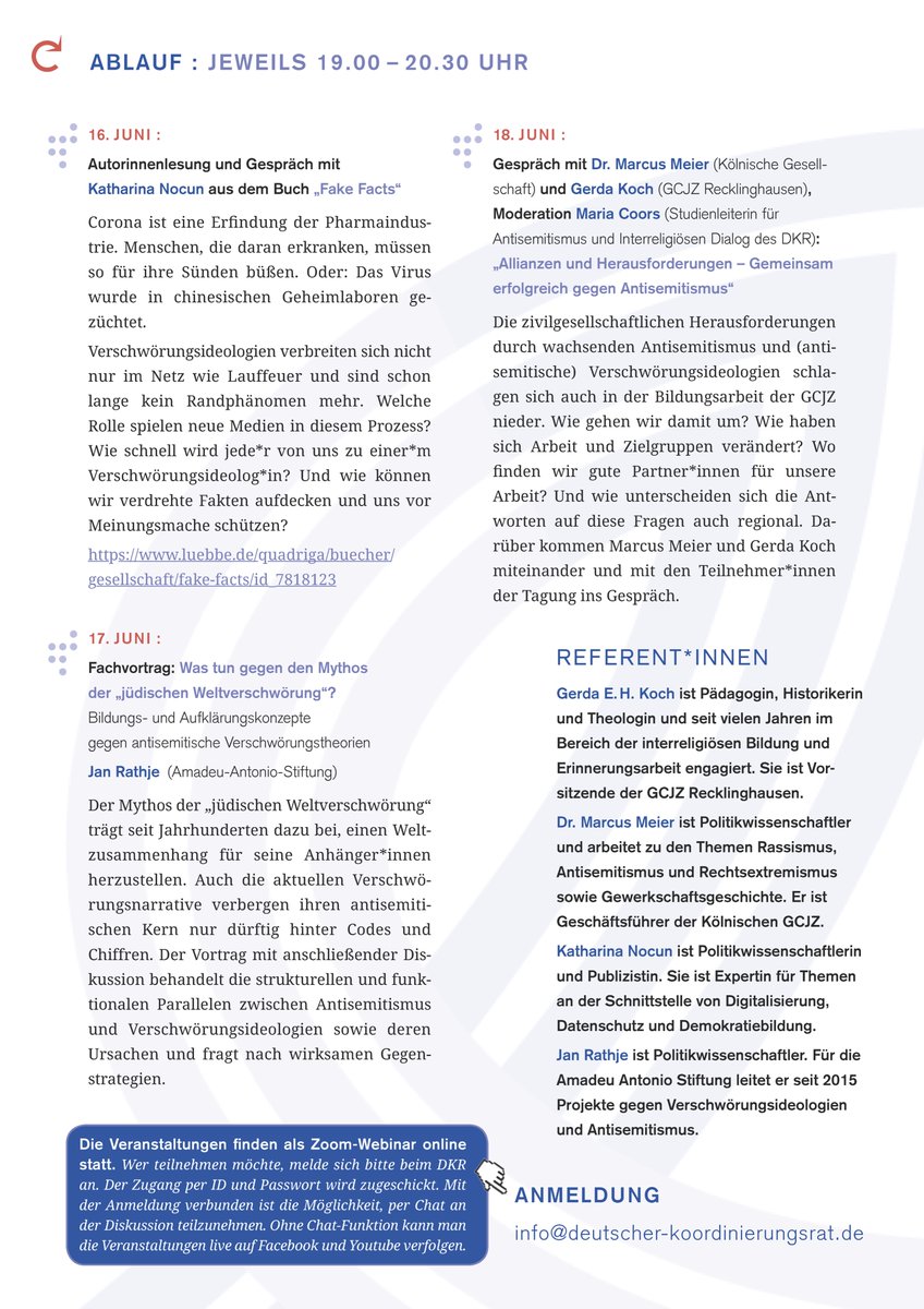Sehr gerne verweisen wir auf die digitale Studientagung "Die jüdische Weltverschwörung kommt selten allein… Verschwörungsmythen und Antisemitismus
verstehen und wirksam bekämpfen" der GCJZ und des DKR (16.–18.06.2020): deutscher-koordinierungsrat.de/dkr-tagungen-V…