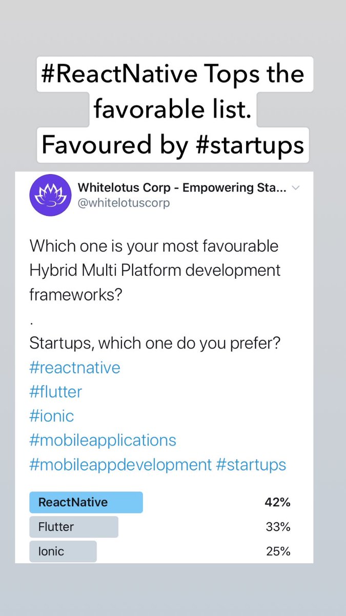 whitelotuscorp's tweet photo. 42% for #ReactNative framework as most favourable hybrid multiplatform development tool for the #startups 
.
.
Let’s talk business. Are you looking for a long term development partners for your growing startup. We are just a tweet away. #withyouforyou 
#mobileappsdevelopment https://t.co/76Z97CWiIC