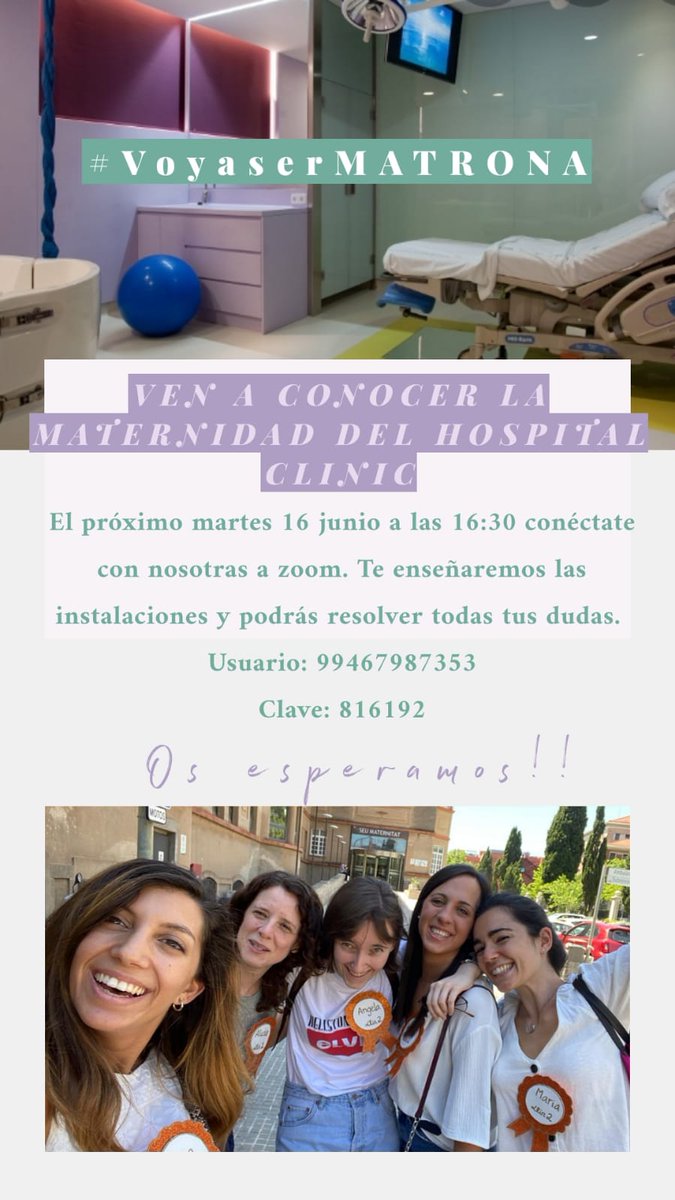 andreamiro21's tweet photo. Os esperamos la residentes de matrona del hospital Clínic de Barcelona el día 16/06 a las 16:30h para resolver todas vuestras dudas mediante zoom!!!! 🤗 @hospitalclinic https://t.co/nPbaTPLlTA