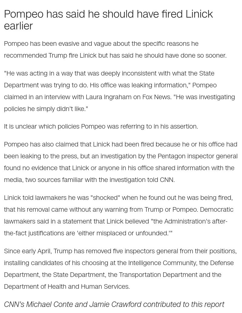 CherylMorrisW's tweet photo. ...#Bulatao that "sometimes I felt he was unfamiliar with the role of #InspectorGenerals," adding that the under secretary "seemed surprised" when #Linick told him "that #IGs are nonpartisan and typically stay through the change of administration."
#Pompeo #Trump* #Corruption https://t.co/OCfAuPQ7lZ