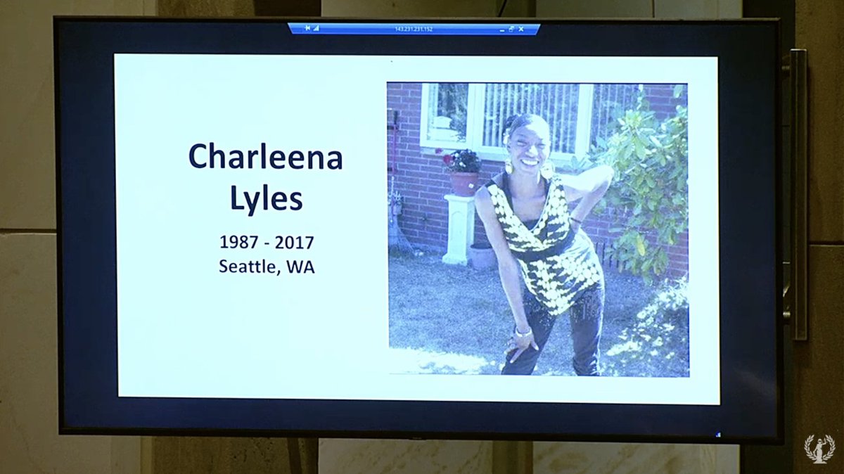 Screenshot of the House Judiciary Committee hearing. A screen shows a photo of Charleena Lyles, who was killed in 2017.