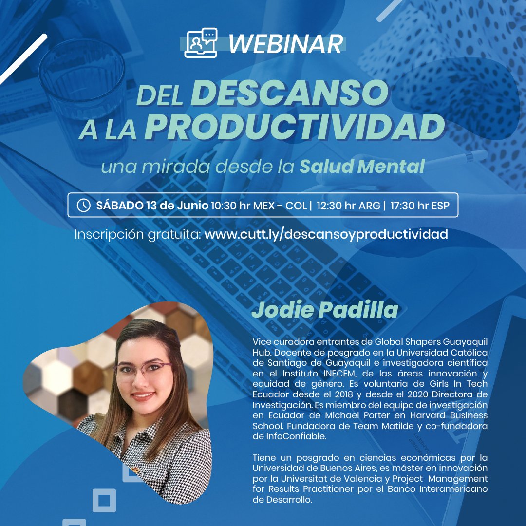 [Save the date] 3r webinar de #JuntosEnEsto! Conoceremos como el descanso afecta a la salud mental desde la neuropsicología 🧠, la productividad 🗒️ y el biohacking 🧪 de la mano de 4 ponentes! Estáis todos invitados! 

📆 Sáb. 13/6 (17:30 CEST)
🔗 Registro cutt.ly/descansoyprodu…