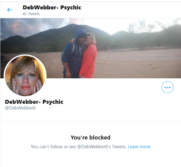 SusanGerbic's tweet photo. So now that #DebWebber8 #psychicDebWebber has blocked me instead of answering questions about how she didn't predict Covid19 I guess she won't see the posts I will be putting up about her. Her fans will - not very good at seeing the future #DebWebber are you. https://t.co/Ly5wPm82c4