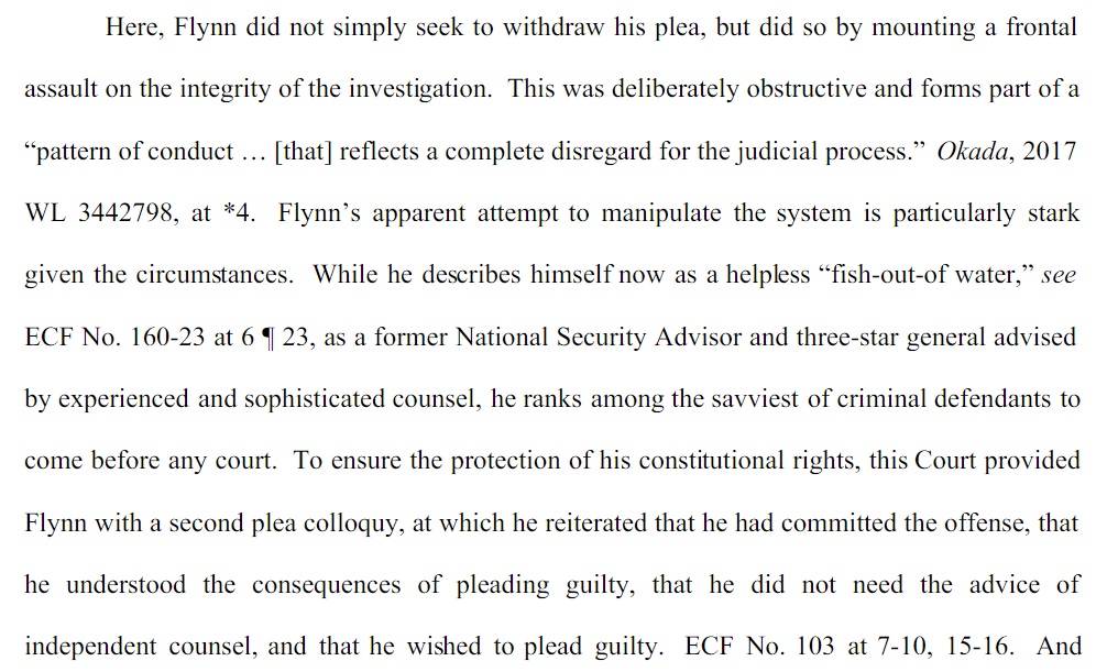 Gleeson brings in the adequacy of Flynn's representation by Covington & Burlington, which should force a ruling on Sidney's January motion accusing them of misconduct in representing Flynn. You can't say they represented their client will once that is revealed.