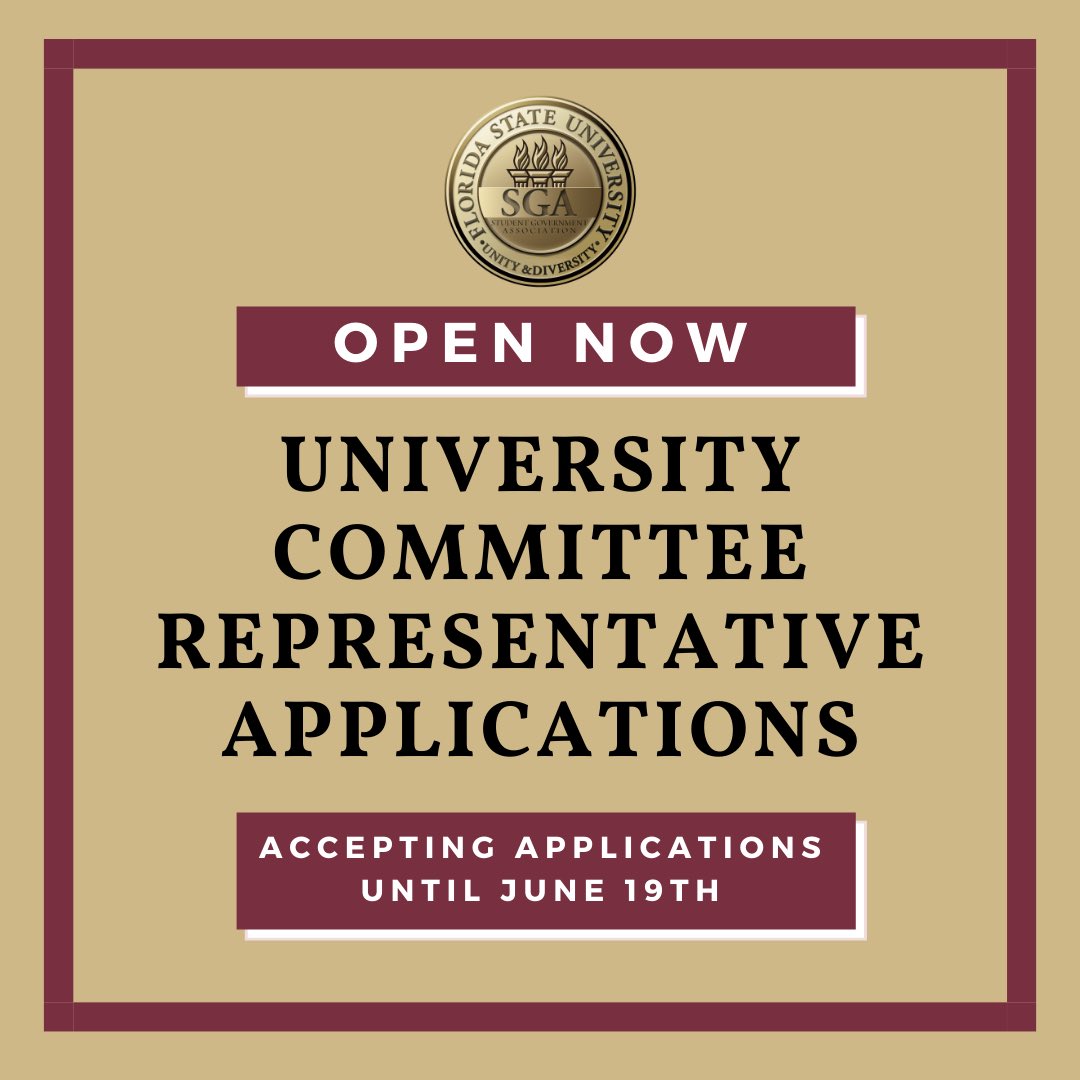 FSUSGA's tweet photo. OPEN NOW: University Committee Representative Applications. 

Accepting applications until June 19th.

#BringingSGAToYou

https://t.co/iEWQhqAWVt https://t.co/0YmOI4tYcf