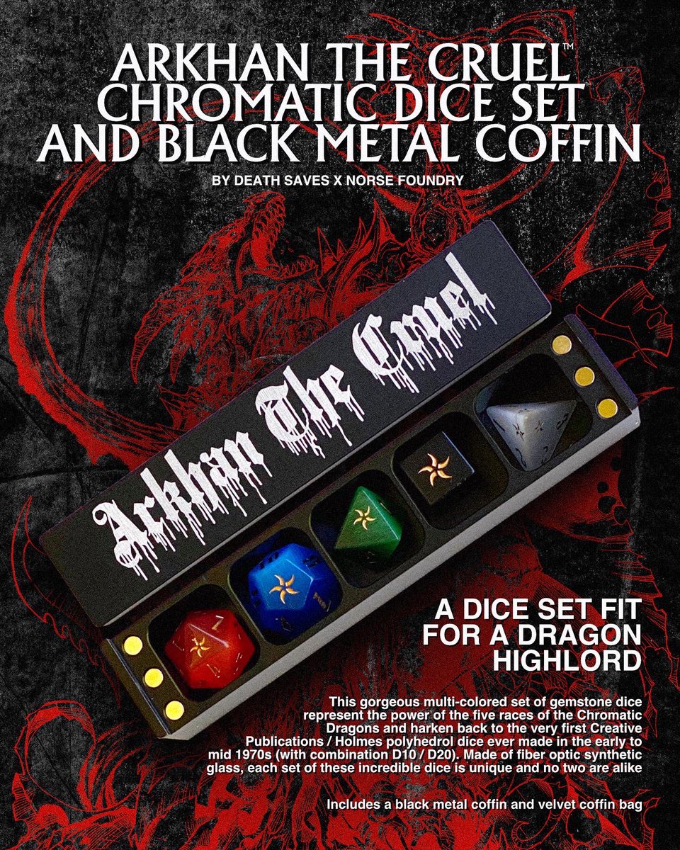 D E A ŧ H S A V E S Cast Your Gaze Upon Our Arkhan The Cruel Chromatic Colored 5 Dice Set W Black Metal Coffin Gorgeous Throwback Gemstone Dice