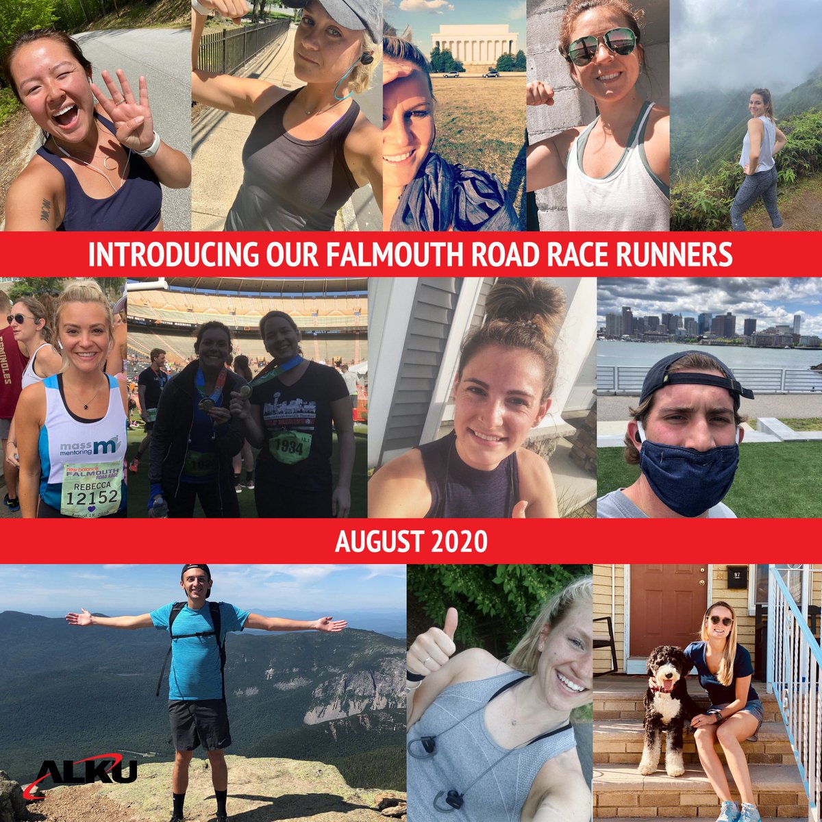 LifeAtALKU's tweet photo. Meet ALKU’s 2020 Falmouth Road Race Runners! This year, the 7-mile race looks a little different. Though we aren’t able to have an in-person event, these 12 employees will be running 7 miles for @MassMentoring virtually this August! #ALKUGivesBack #TogetherWeRun https://t.co/ATiVCp8W8H